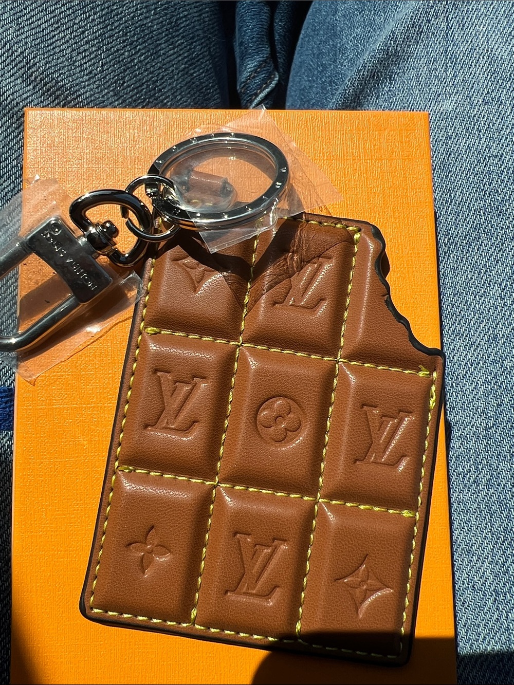 Brown Quilted Monogram Keychain Card Holder with Yellow Stitching
